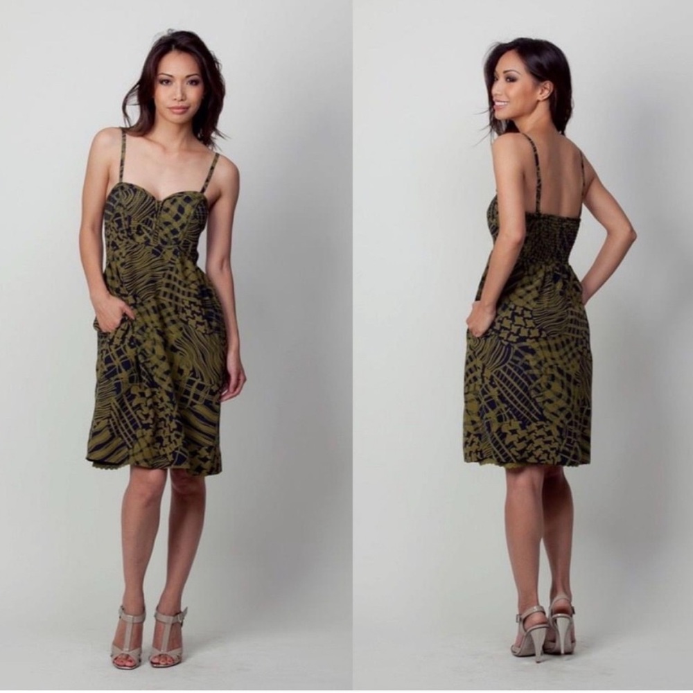 Anthropologie Maple Silk Sweetheart Strapless Mini Dress Green Black Geometric 2